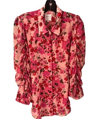 Miss Los Angeles Joanne Blouse In Pink Floral Ruched Sleeves Collared Sz XS
